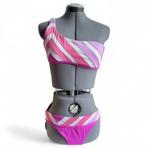 BECCA By Rebecca Virtue Pink Stripe One Shoulder Bikini Size Medium